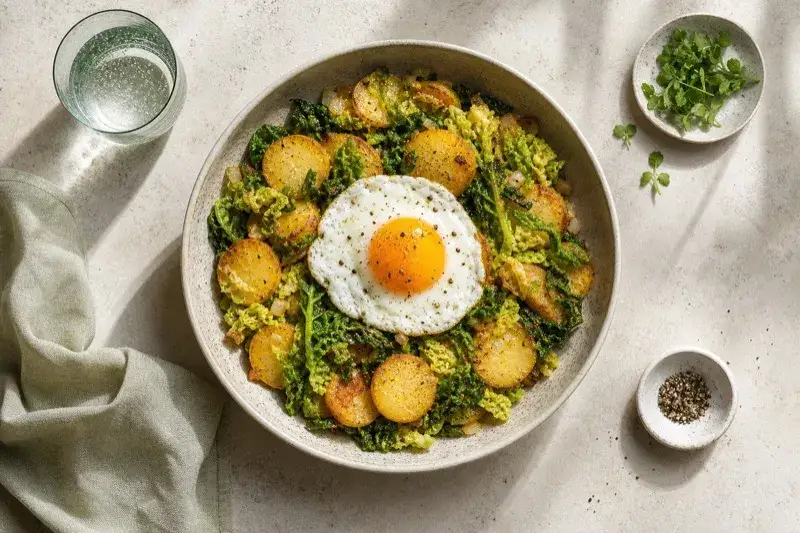 Herzhaftes Gericht mit goldbraunen kartoffelküchlein aus gekochten kartoffeln, Grünkohl und einem Spiegelei.