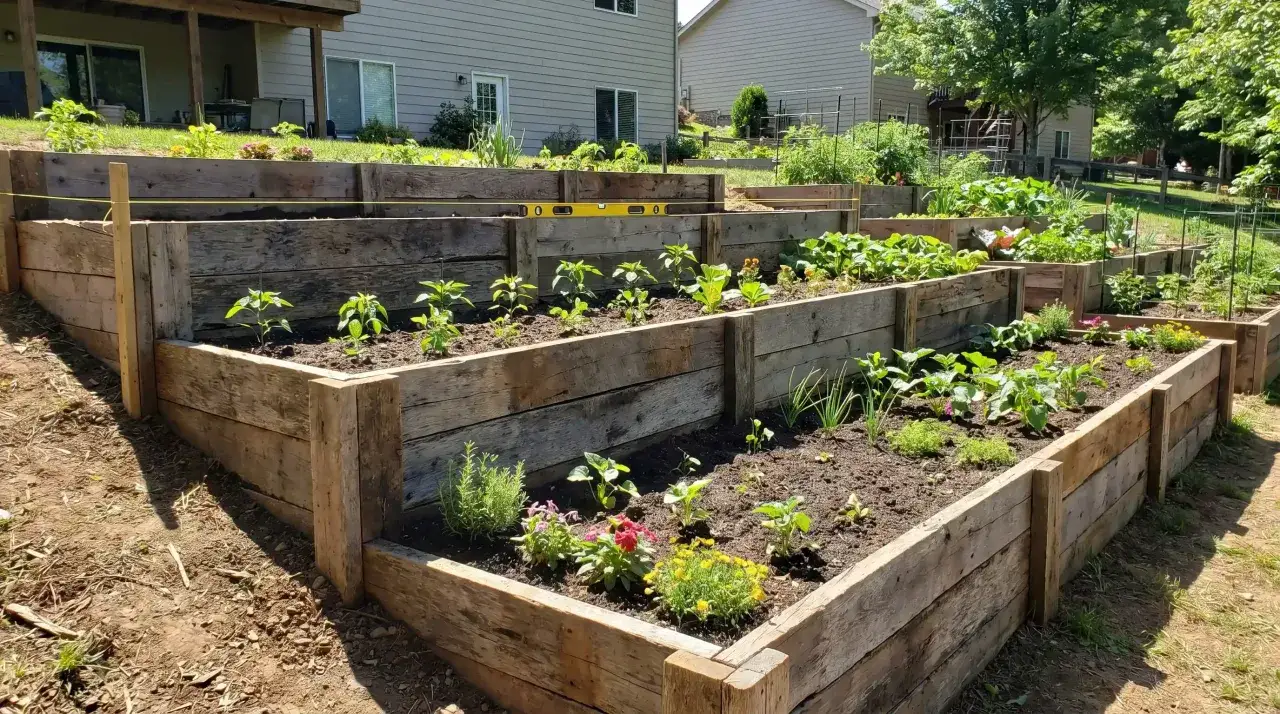 Giardino a terrazze con aiuole rialzate in legno riciclato. Idee giardino fai da te a costo zero con ortaggi e fiori.