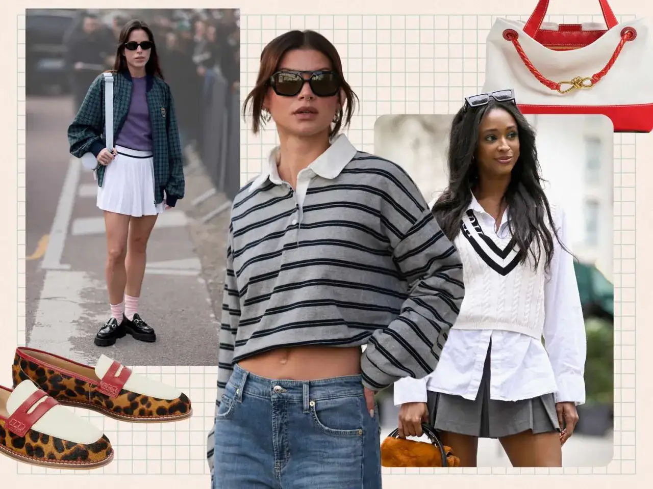 Kolekcja inspiracji w stylu preppy: tenisowa spódniczka, sweter w paski, kamizelka i mokasyny.