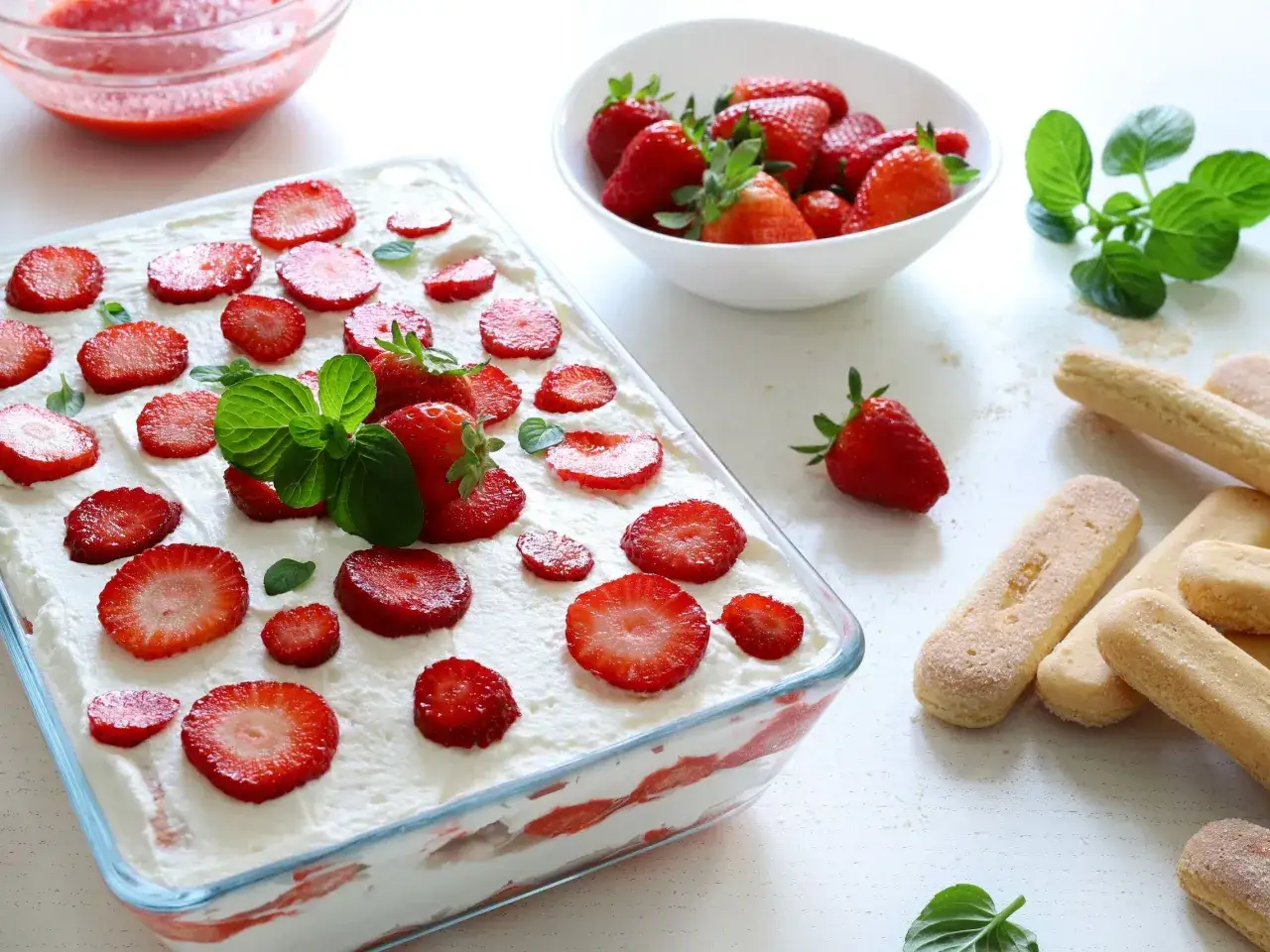 Tiramisu klasyczne kontra tiramisu truskawkowe. Pyszny deser z warstwami biszkoptów, kremu i świeżych truskawek, ozdobiony miętą.