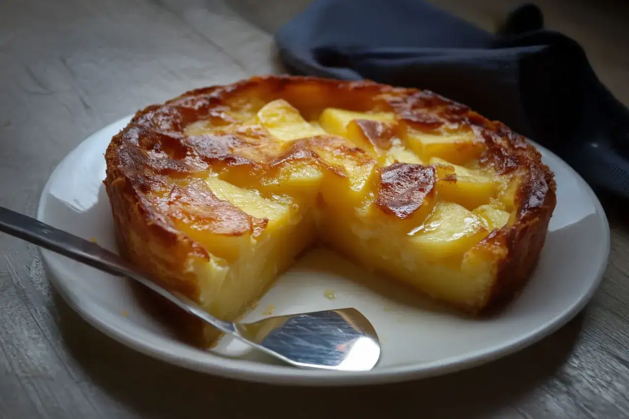 Un d&eacute;licieux clafoutis aux pommes, dor&eacute; et moelleux, servi sur une assiette blanche avec une cuill&egrave;re.