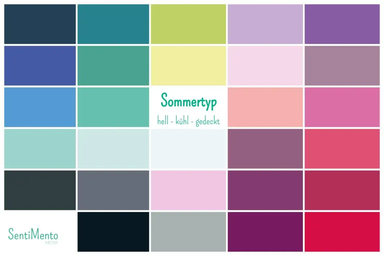 Farbpalette f&uuml;r den sommertyp: helle, k&uuml;hle und gedeckte T&ouml;ne wie Blau, Gr&uuml;n, Rosa und Lila.