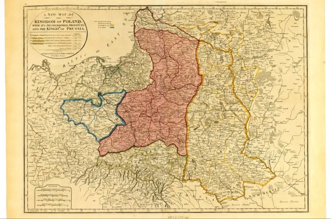 Mapa przedstawia rozbiór Polski. Zaznaczono tereny zajęte przez Prusy w ramach drugiego rozbioru Polski.