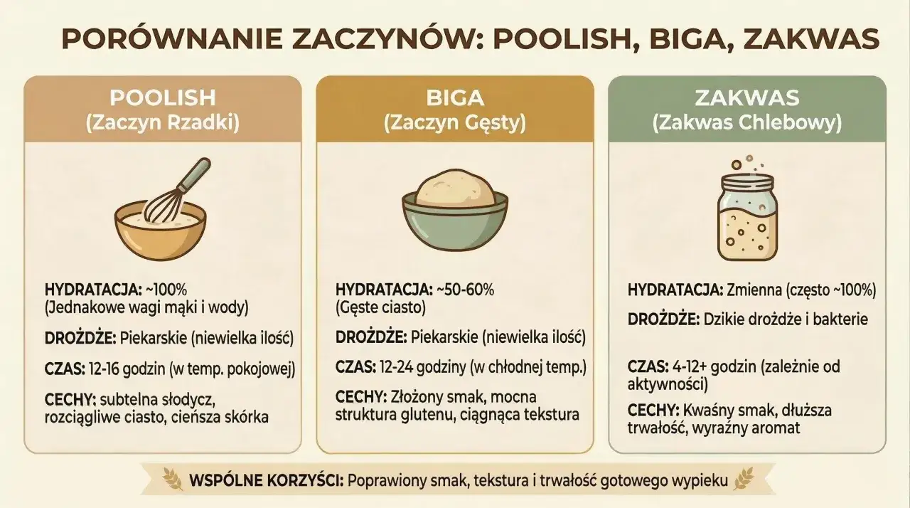 Porównanie zaczynów: Poolish, Biga, Zakwas. Dowiedz się, jakie drożdże do chleba wybrać dla subtelnej słodyczy, złożonego smaku lub kwaśnego aromatu.