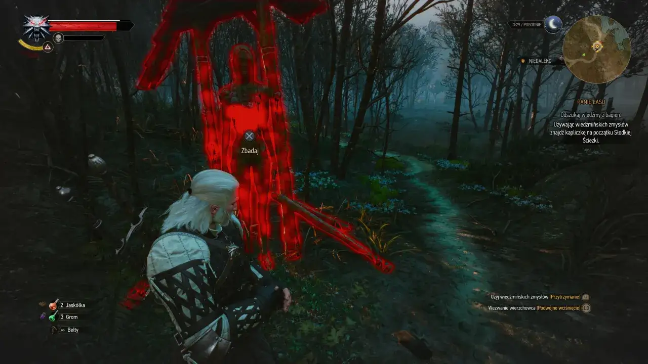 Geralt bada ślady panien lasu w mrocznym lesie. Czerwone znaki wskazują na obecność istot.