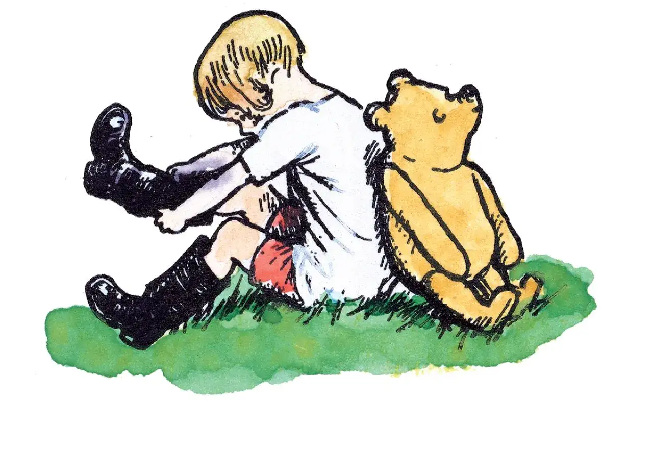 Christopher Robin puts on his boots with Winnie the Pooh watching, in these classic Winnie the Pooh original illustrations.