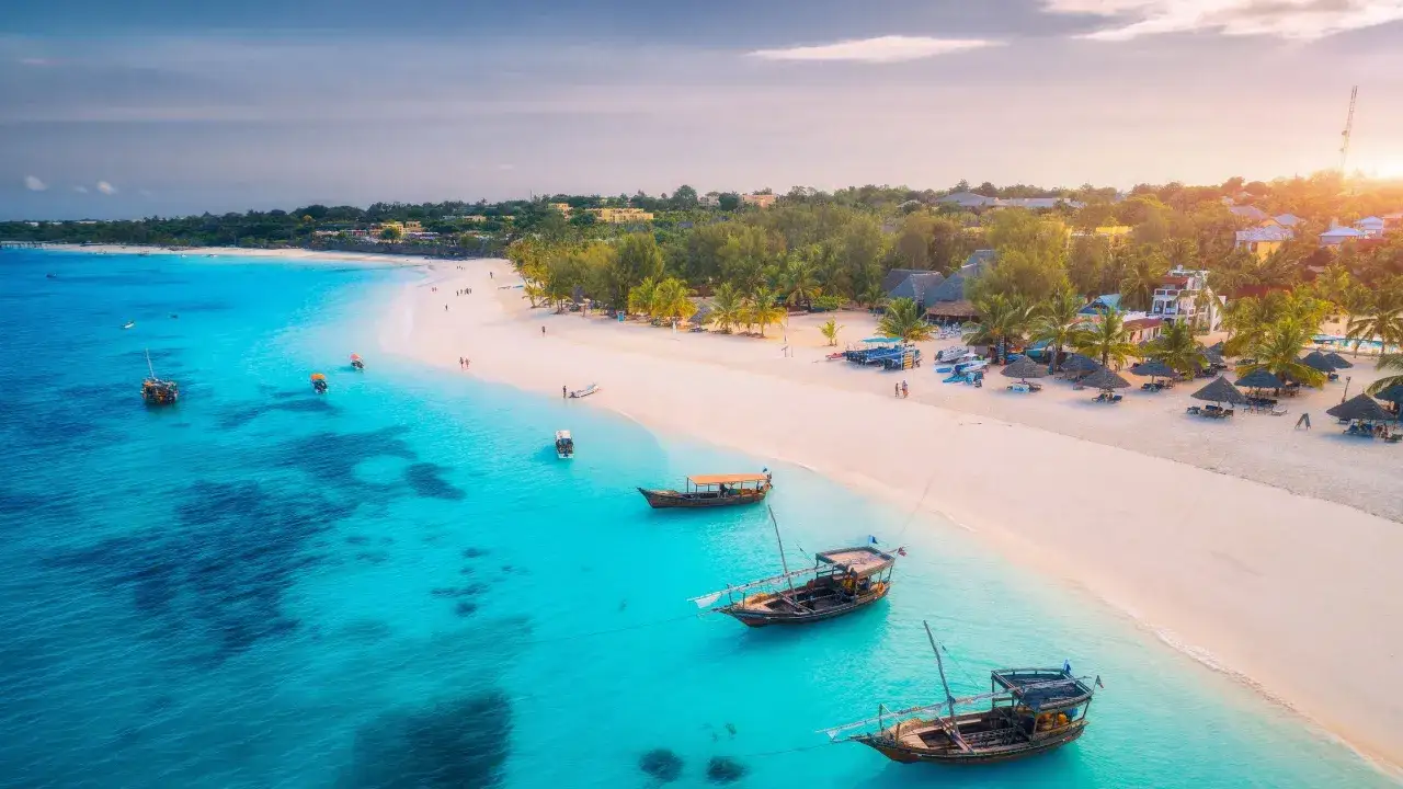 Rajska plaża na Zanzibarze w lipcu. Turkusowa woda, biały piasek, palmy i tradycyjne łodzie Dhow. Idealne miejsce na wakacje.