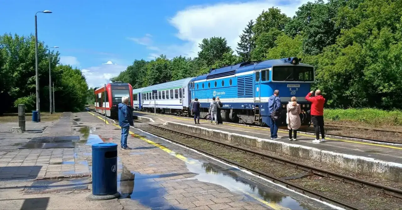 Na peronie czekają pociągi, a ludzie sprawdzają tlk flisak rozkład jazdy.