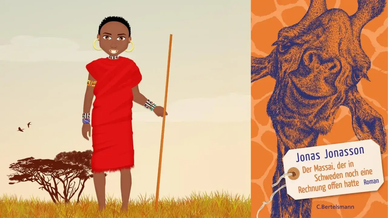 Jonas Jonasson neues Buch: Ein Massai in Schweden mit einer Rechnung offen. Illustration mit Giraffenkopf.