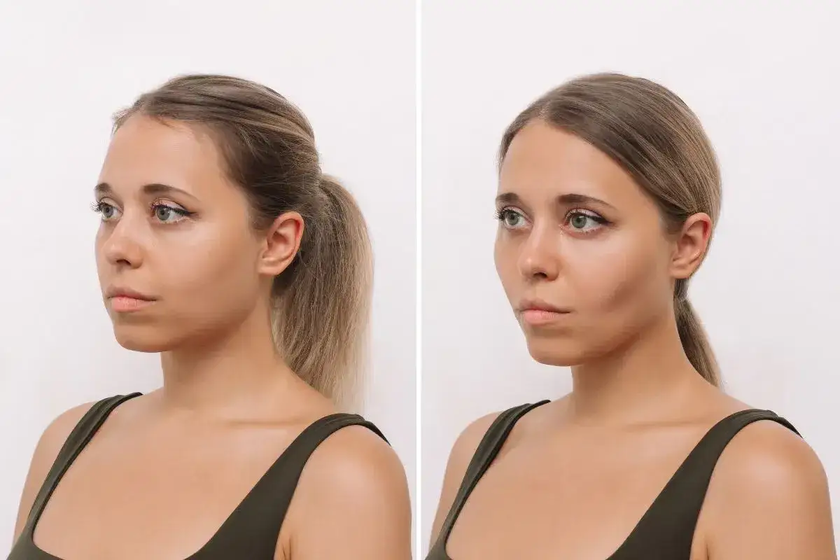 Dwie fotografie młodej kobiety z blond włosami, prezentujące subtelne zmiany w rysach twarzy, jakby po zabiegu modelującym, który nadał jej policzkom kształt chomików.