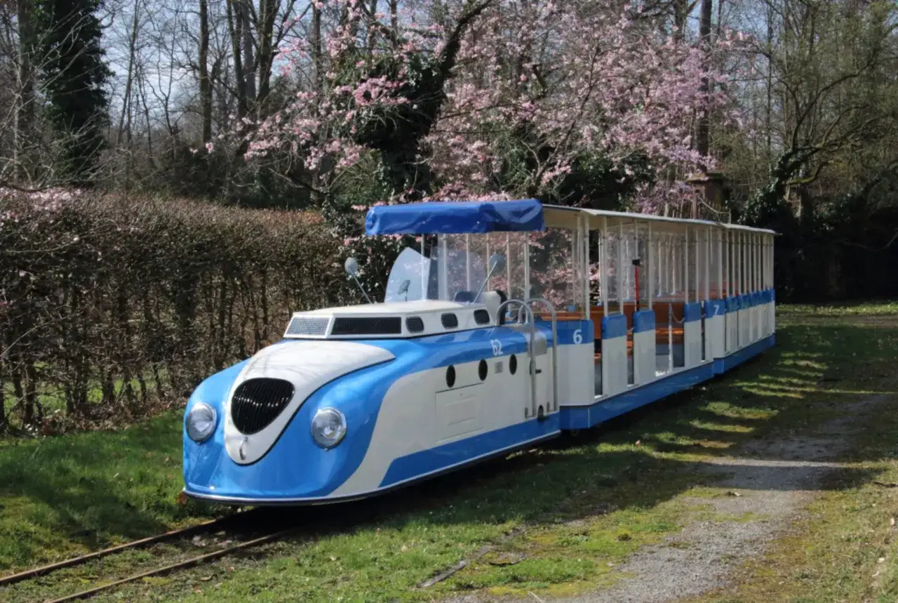 Die Schlossbahn Karlsruhe f&auml;hrt durch eine bl&uuml;hende Parklandschaft.