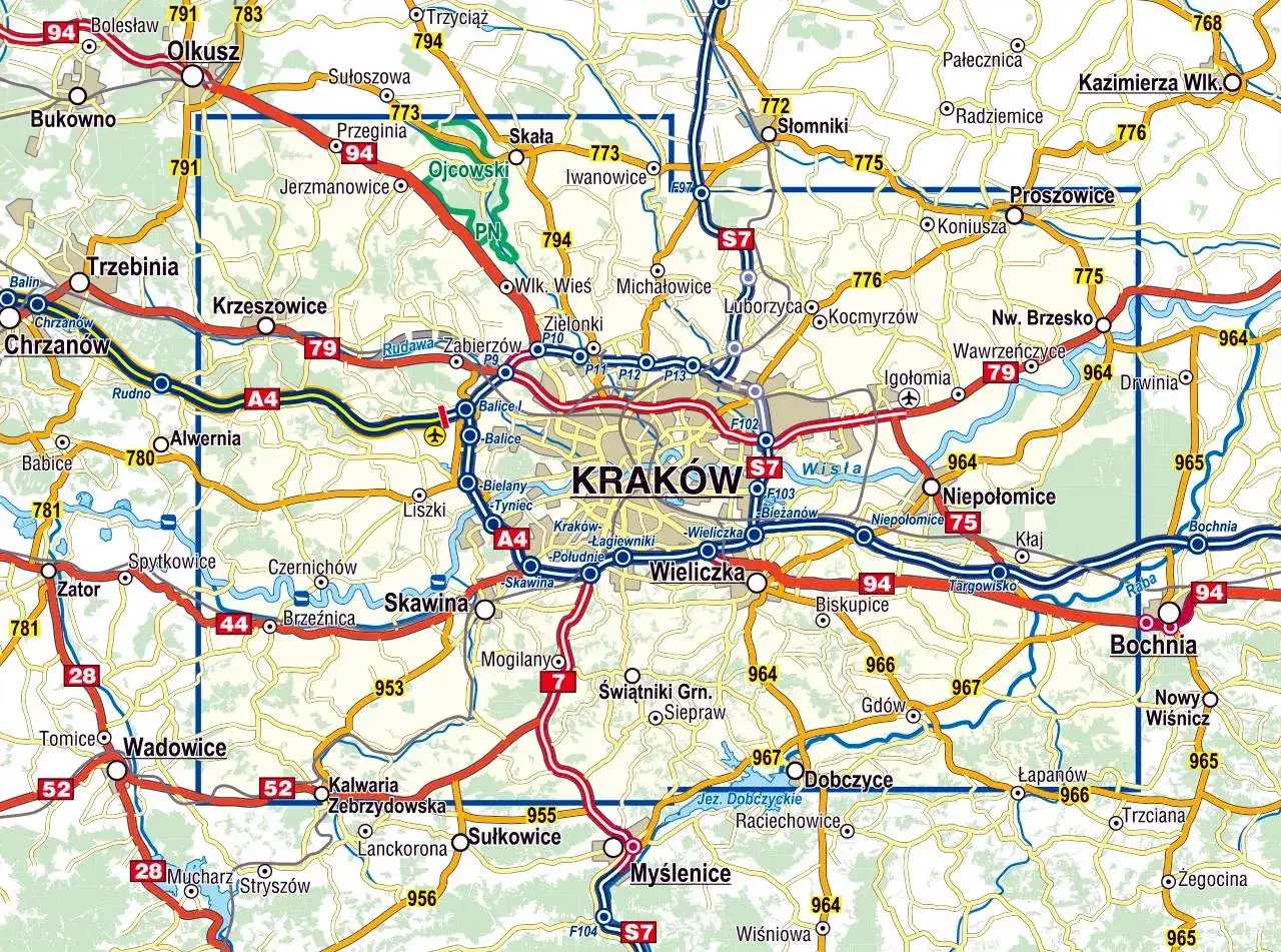 Mapa drogowa okolic Krakowa, z zaznaczoną trasą S7 i A4, idealna do planowania podróży do Gdańska.