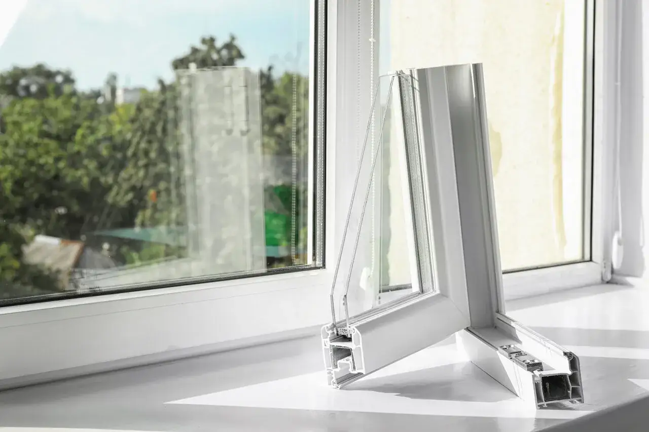 Secci&oacute;n de ventana de PVC con doble acristalamiento, ideal para ventilar la casa en invierno sin perder calor.