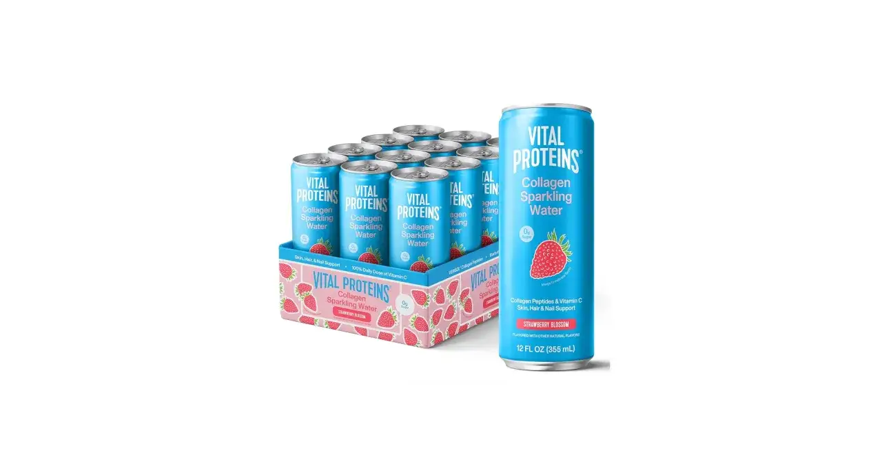 Latas de agua con gas de colágeno Vital Proteins sabor fresa. Ideal para tomar colágeno y cuidar piel, cabello y uñas.