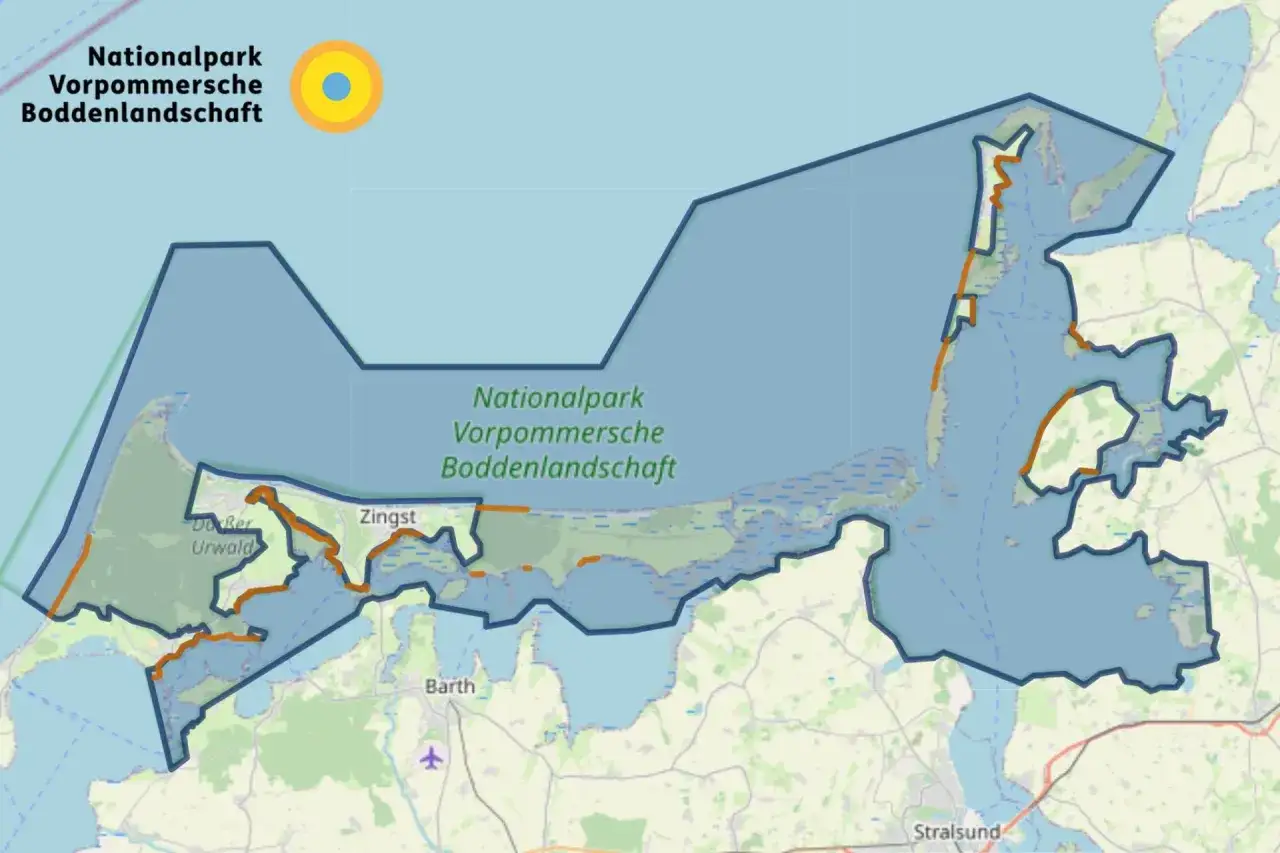 Karte des Nationalparks Vorpommersche Boddenlandschaft. Hier kann man wunderbar angeln, besonders im Barther Bodden.