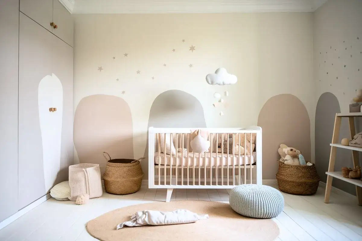 Une chambre de b&eacute;b&eacute; mixte avec une d&eacute;coration douce et naturelle. Une belle id&eacute;e d&eacute;co chambre b&eacute;b&eacute; mixte avec des formes organiques au mur et des paniers en osier.