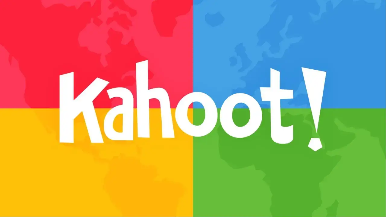 Logo Kahoot! na tle mapy świata w czterech kolorach: czerwonym, żółtym, niebieskim i zielonym.