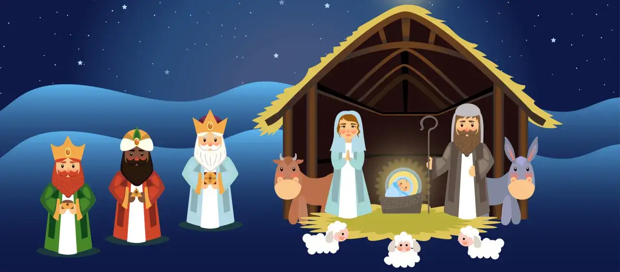 Die Heiligen Drei Könige besuchen die Krippe. Ein schöner bibelspruch weihnachten.