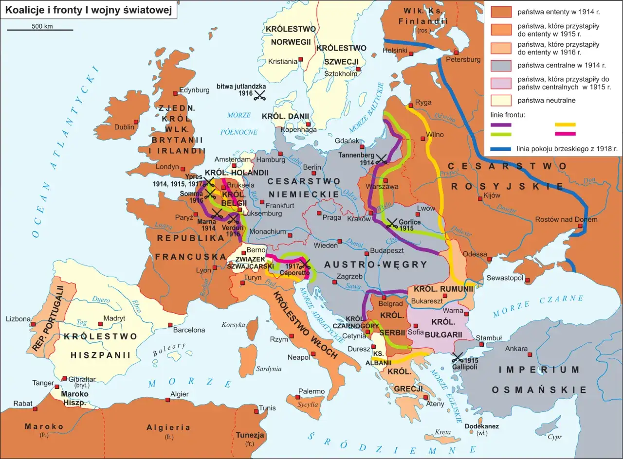 Mapa pokazuje fronty I wojny światowej. Państwa centralne poniosły klęskę przez walkę na wielu frontach i wyczerpanie zasobów.