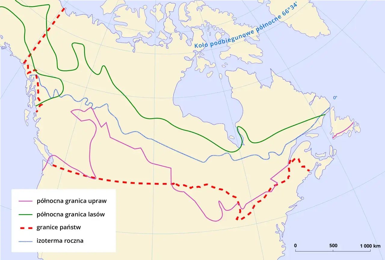 Mapa Kanady z zaznaczonymi granicami państw, północną granicą lasów i upraw oraz izotermą roczną. Pokazuje, z kim graniczy Kanada.