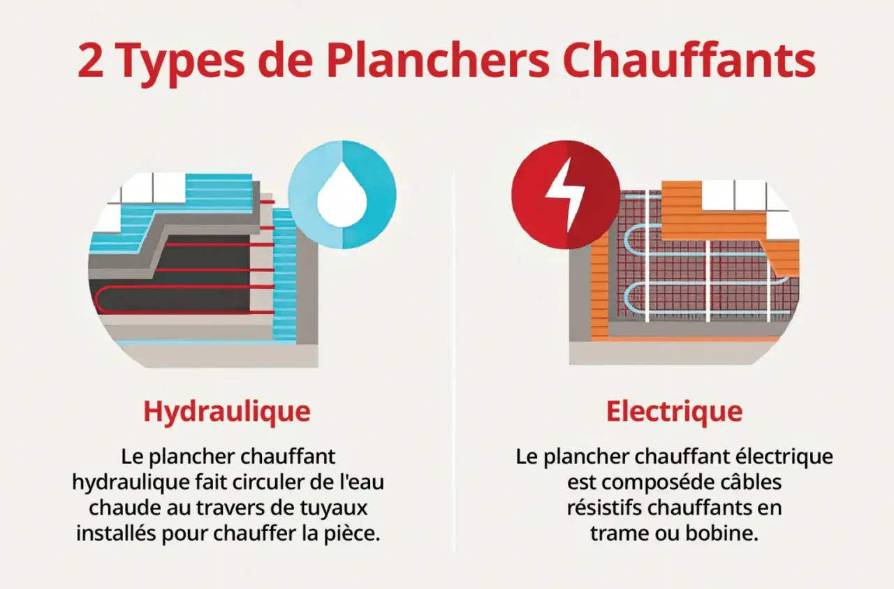 Illustration comparant un plancher chauffant hydraulique (tuyaux d'eau) et un plancher chauffant électrique (câbles).
