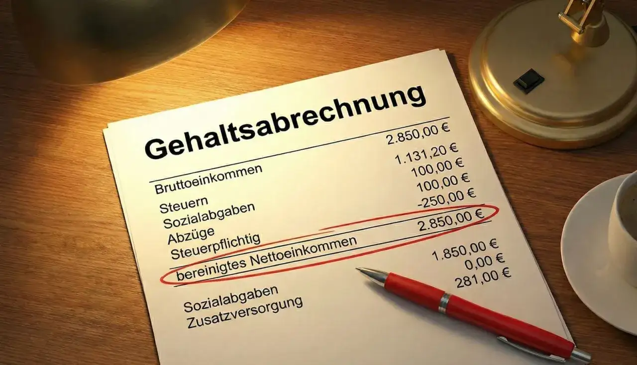 Gehaltsabrechnung mit roten Markierungen. Ein Stift liegt auf dem Dokument, das die Auskunftspflicht zur Berechnung des bereinigten Nettoeinkommens zeigt.