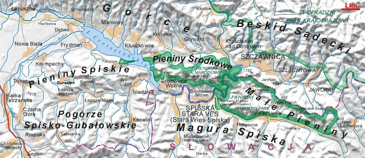 Mapa Pienin z zaznaczonymi miejscowościami i atrakcjami
