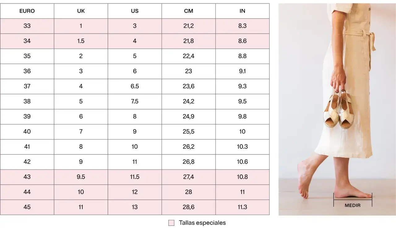Tabla de tallas de calzado: talla 8 en España mujer equivale a 41 EU. Muestra conversiones a UK, US, CM e IN.