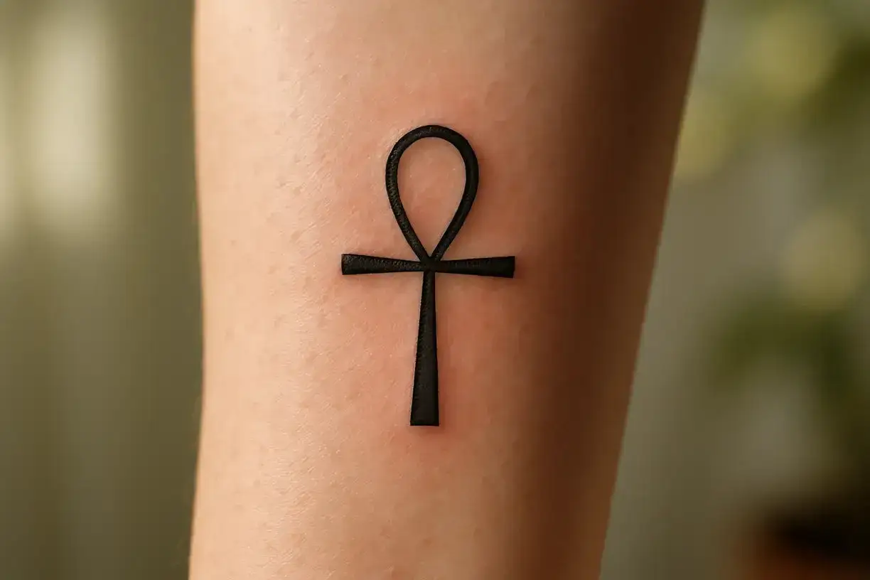 Czarny, prosty ankh tatuaż na skórze, symbol życia i wieczności.