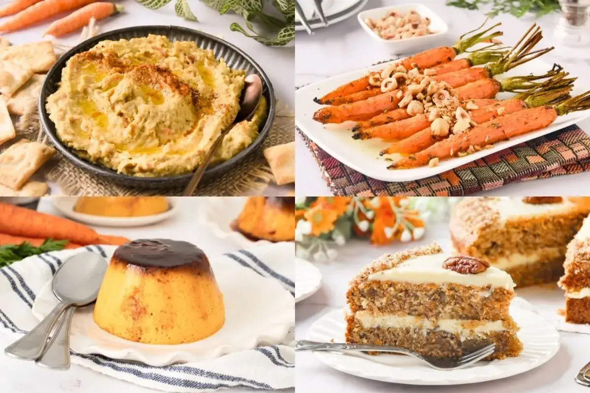 Hummus, zanahorias asadas, flan y pastel de zanahoria. ¡Deliciosas recetas con zanahoria para todos los gustos!