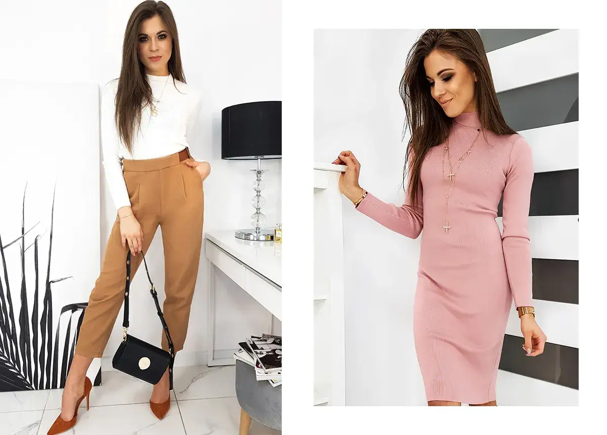 Kobieta o figurze klepsydry w eleganckich stylizacjach: po lewej w białym golfie i brązowych spodniach, po prawej w różowej sukience.