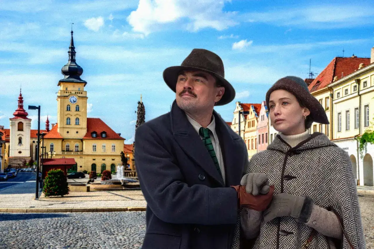 Leonardo DiCaprio och en kvinna i en europeisk stad. Kanske en scen från filmer med Leonardo DiCaprio.