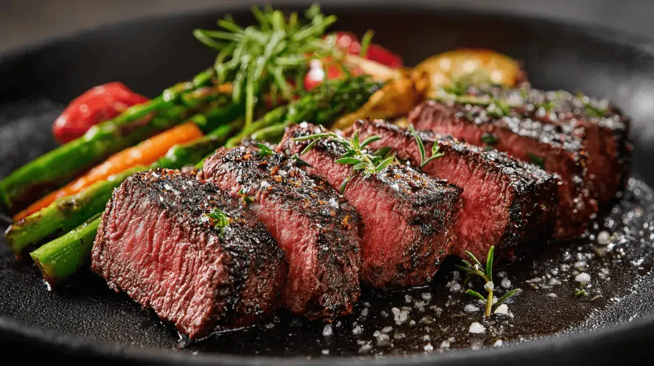 Perfekt gegrilltes Tomahawk Steak, medium-rare, mit Rosmarin und Beilagen wie Spargel und Tomaten.