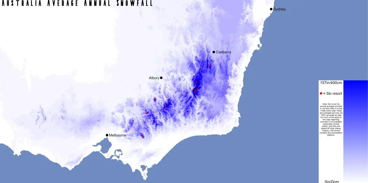 Mapa opad&oacute;w śniegu w Australii. Czerwone kropki oznaczają ośrodki narciarskie, pokazując, gdzie zimą w Australii można znaleźć śnieg.