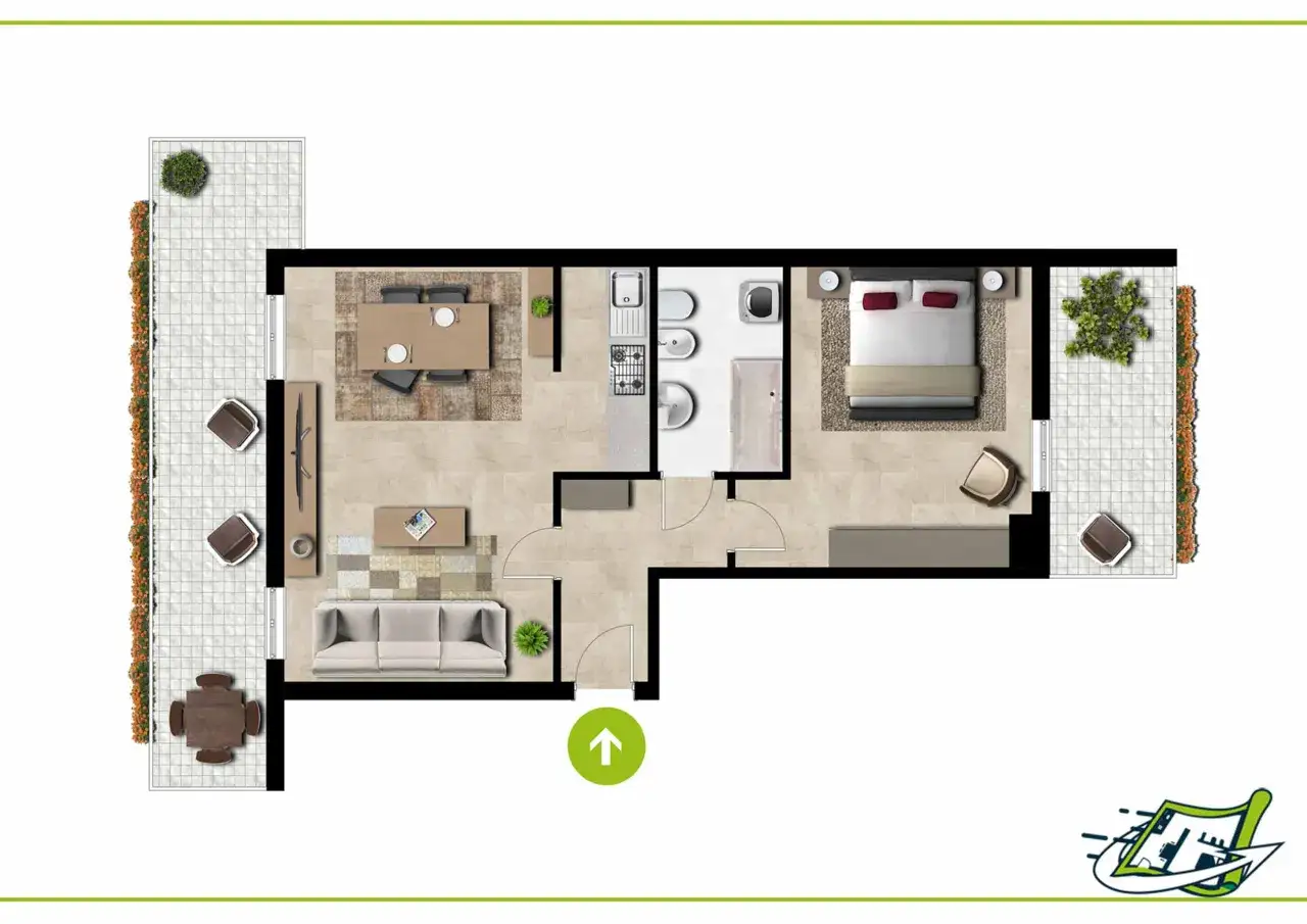 Grundriss einer modernen Wohnung mit Wohnbereich, Schlafzimmer, Bad und Balkon. Der bauplan wohnung zeigt eine durchdachte Raumaufteilung.