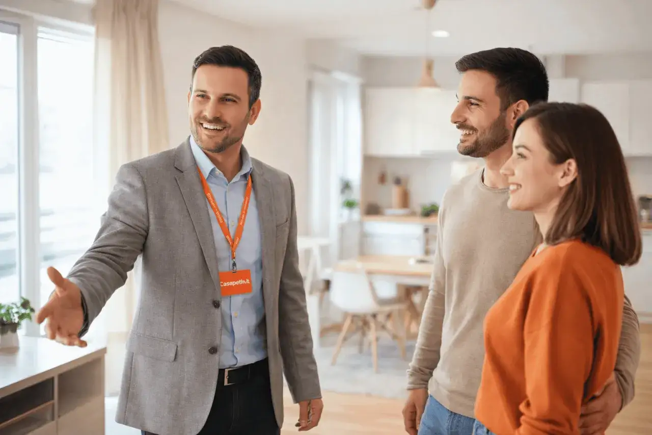 Agente immobiliare sorridente presenta una casa a una giovane coppia. Scopri quanto guadagna un agente immobiliare.