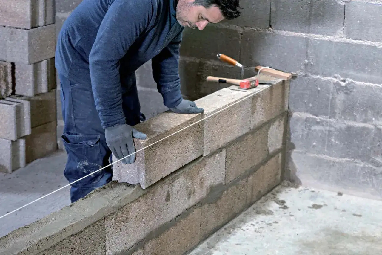 Un maçon pose une brique sur un mur en parpaing, guidé par un fil à plomb. Des outils sont posés sur le mur.