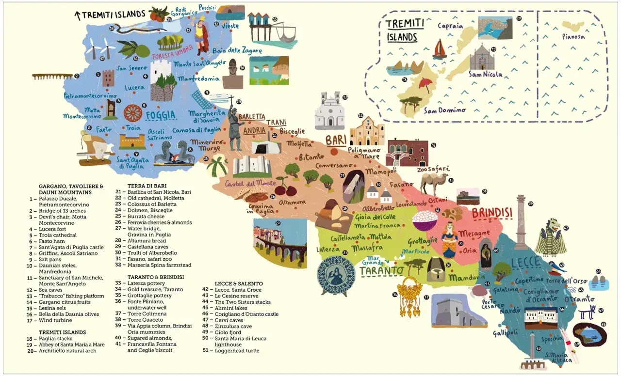 Mapa Apulii z atrakcjami: Bari, Lecce, Taranto, Brindisi, Gargano, Tremiti. Znajdź bari komunikacja miejska.