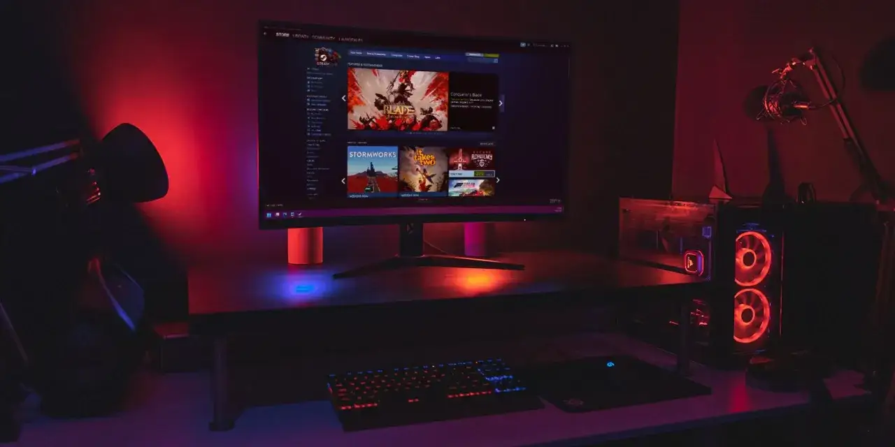 Gamingowy setup z podświetlanym komputerem i monitorem wyświetlającym Steam. Idealne miejsce, by dowiedzieć się, jak zainstalować Steama i zacząć grać.