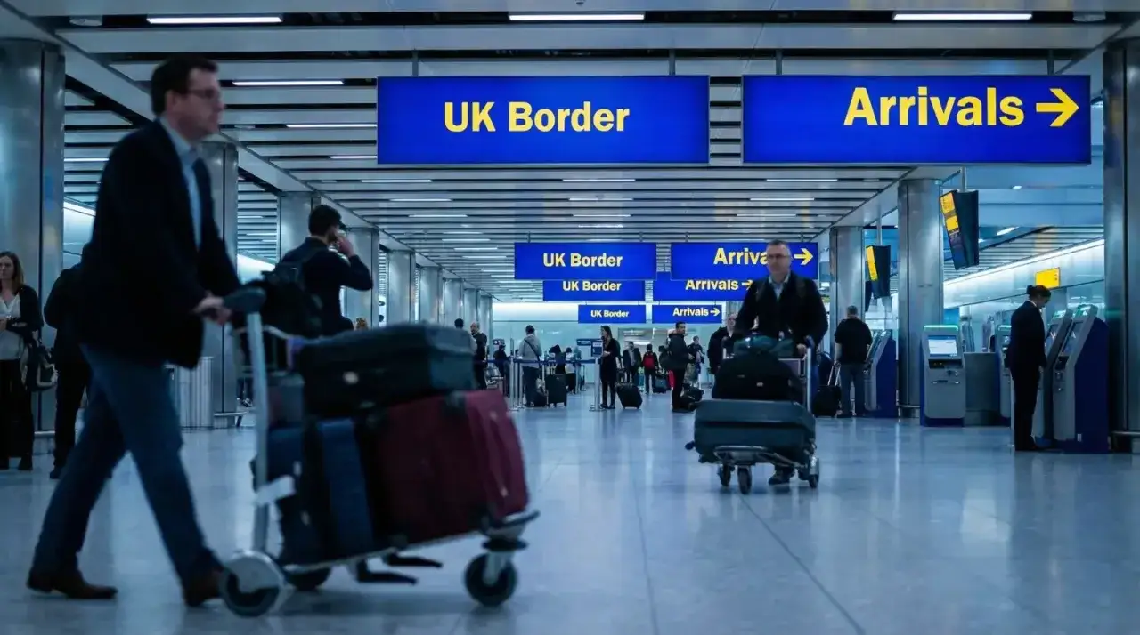 Ludzie z bagażami na lotnisku, kierujący się do UK Border i Arrivals. Ciekawe, ile tytoniu do uk można przewieźć.
