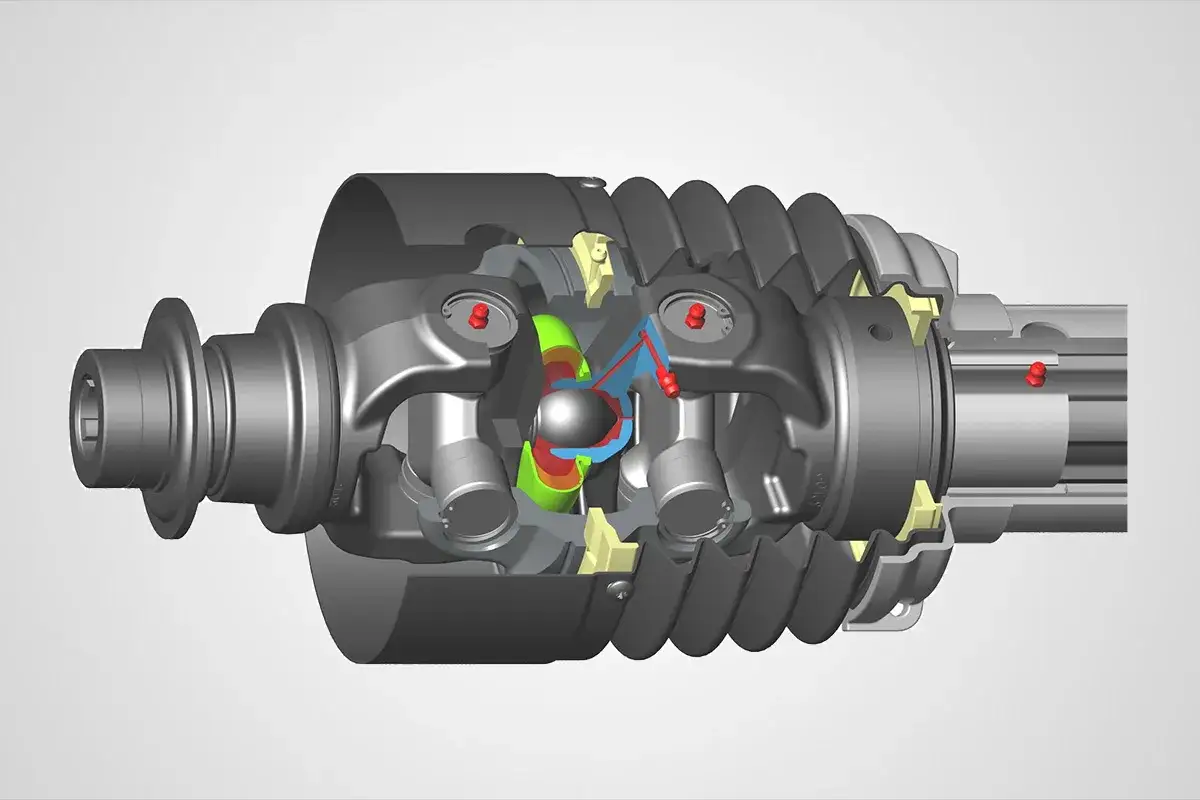 Schnittdarstellung einer **weitwinkel gelenkwelle** mit Kugelgelenk und Differential.