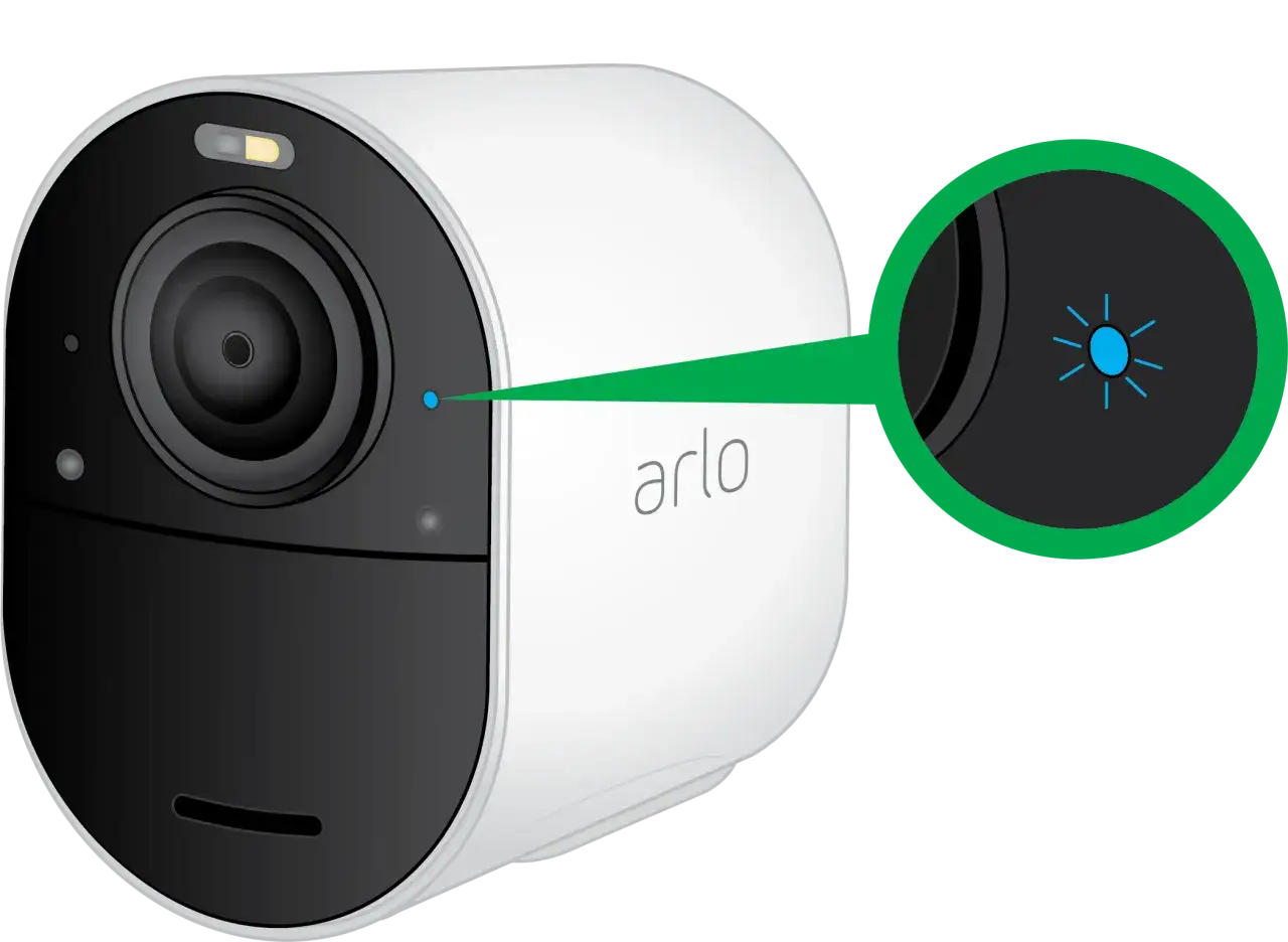 Caméra Arlo. Le voyant bleu clignotant indique que la caméra est en cours d'enregistrement.