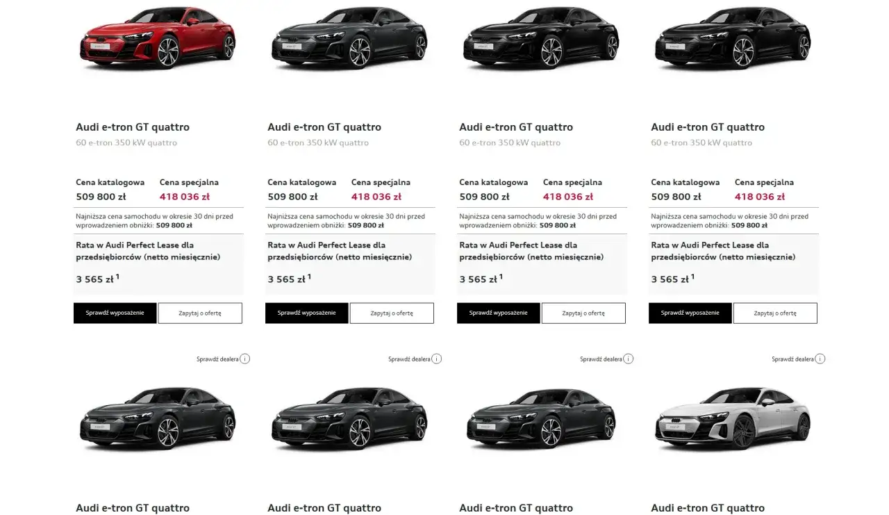 Audi e-tron GT quattro w kolorach czerwonym, czarnym i białym. Oferta specjalna na samochód elektryczny.