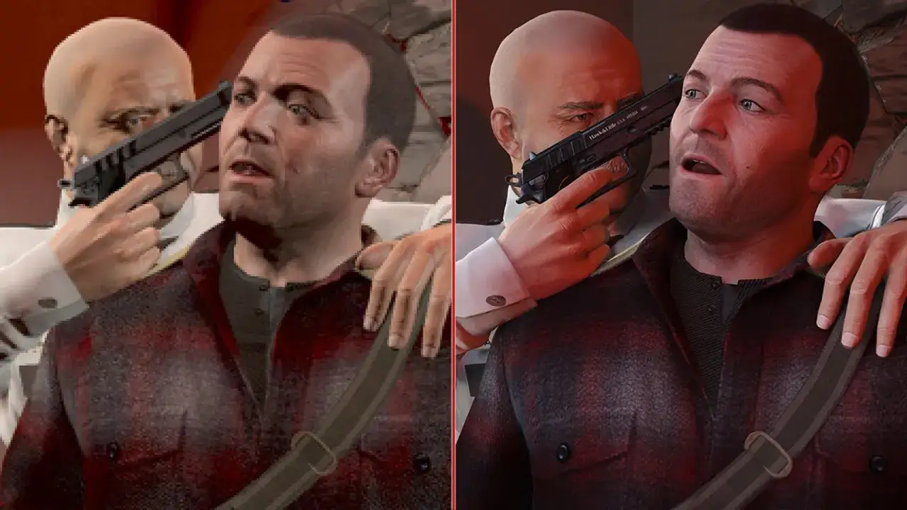Porównanie grafiki GTA V: po lewej wersja standardowa, po prawej GTA V enhanced z lepszymi detalami i teksturami.