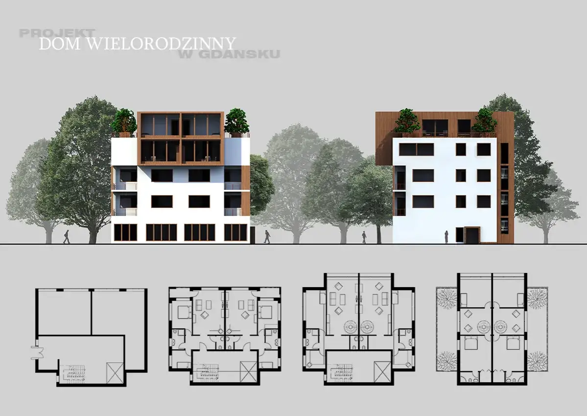 Projekt domu wielorodzinnego w Gdańsku. Wizualizacje elewacji i rzuty kondygnacji. Zastanawiasz się, ile kosztuje adaptacja projektu?