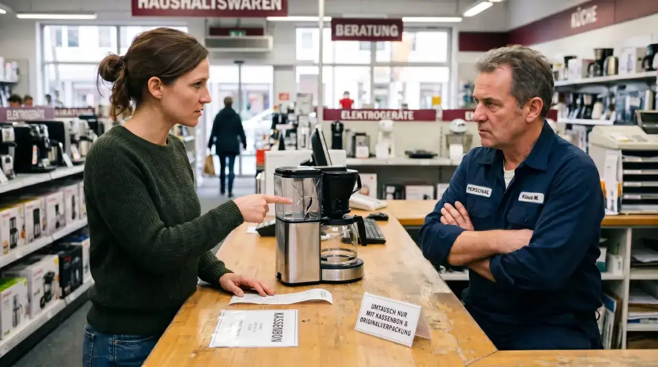 Frau reklamiert Kaffeemaschine mit Riss. Schild weist auf Umtauschrecht im Einzelhandel hin: nur mit Kassenbon & Originalverpackung.