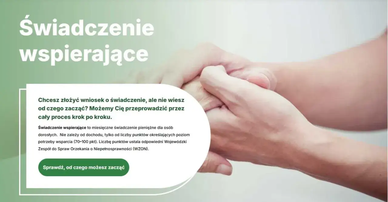 Chcesz wiedzieć, jak uzyskać świadczenie wspierające? Obraz pokazuje pomoc w złożeniu wniosku o świadczenie wspierające dla dorosłych.