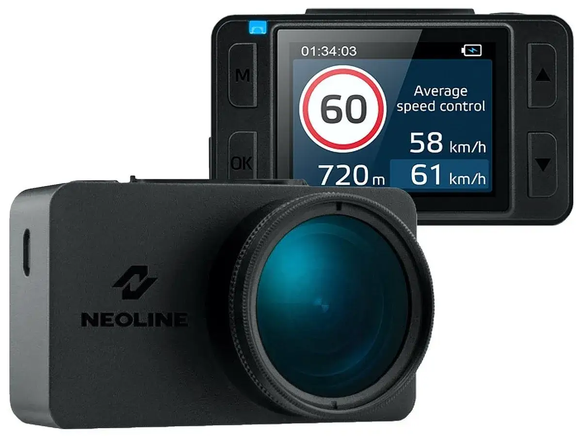 Nowoczesny wideorejestrator NEOLINE z funkcją monitoringu w samochodzie. Wyświetla prędkość 60 km/h, średnią kontrolę prędkości 58 km/h i 61 km/h.