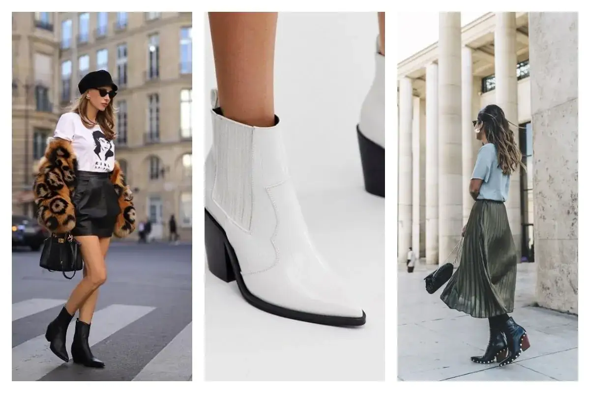 Trois looks féminins avec des santiags basses : une en cuir noir avec une jupe courte, une bottine blanche à talon, et une autre en cuir noir avec une jupe plissée.