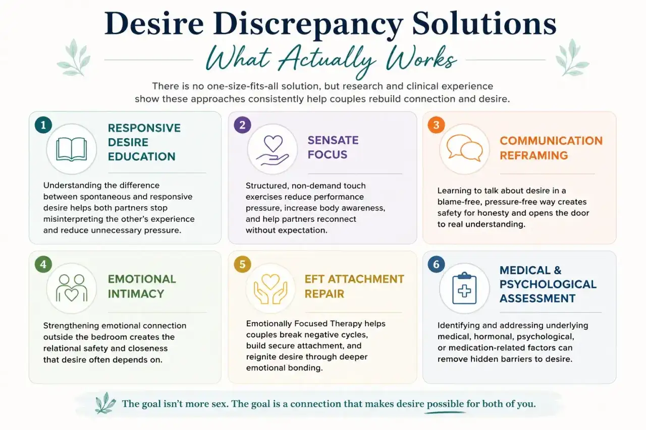 Soluzioni per la discrepanza del desiderio: educazione, comunicazione, intimità, EFT e valutazioni mediche/psicologiche per affrontare il calo della libido.